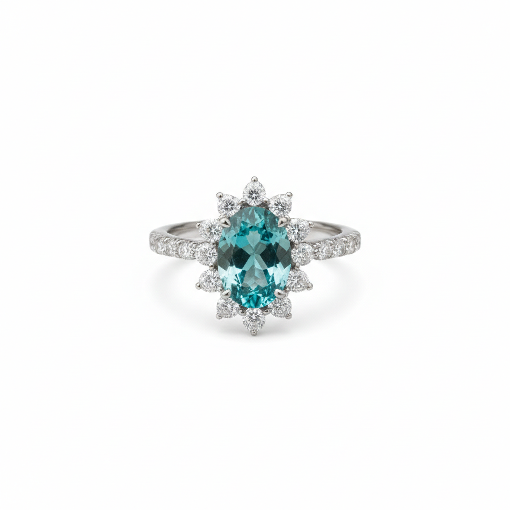 Lab-grown Paraiba tourmaline oval platinum ring — M Grace Jewelry