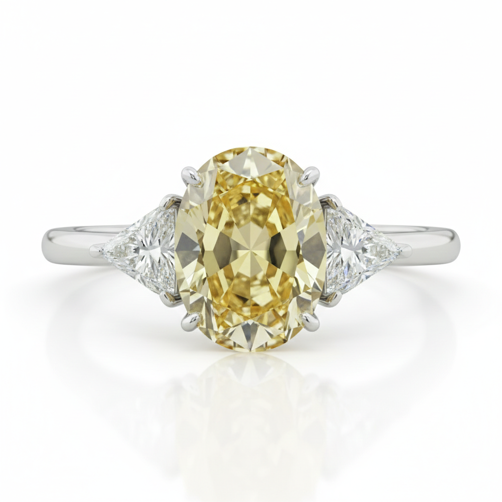 Fancy Intense Yellow oval diamond ring with white trillion sides — M Grace Jewelry