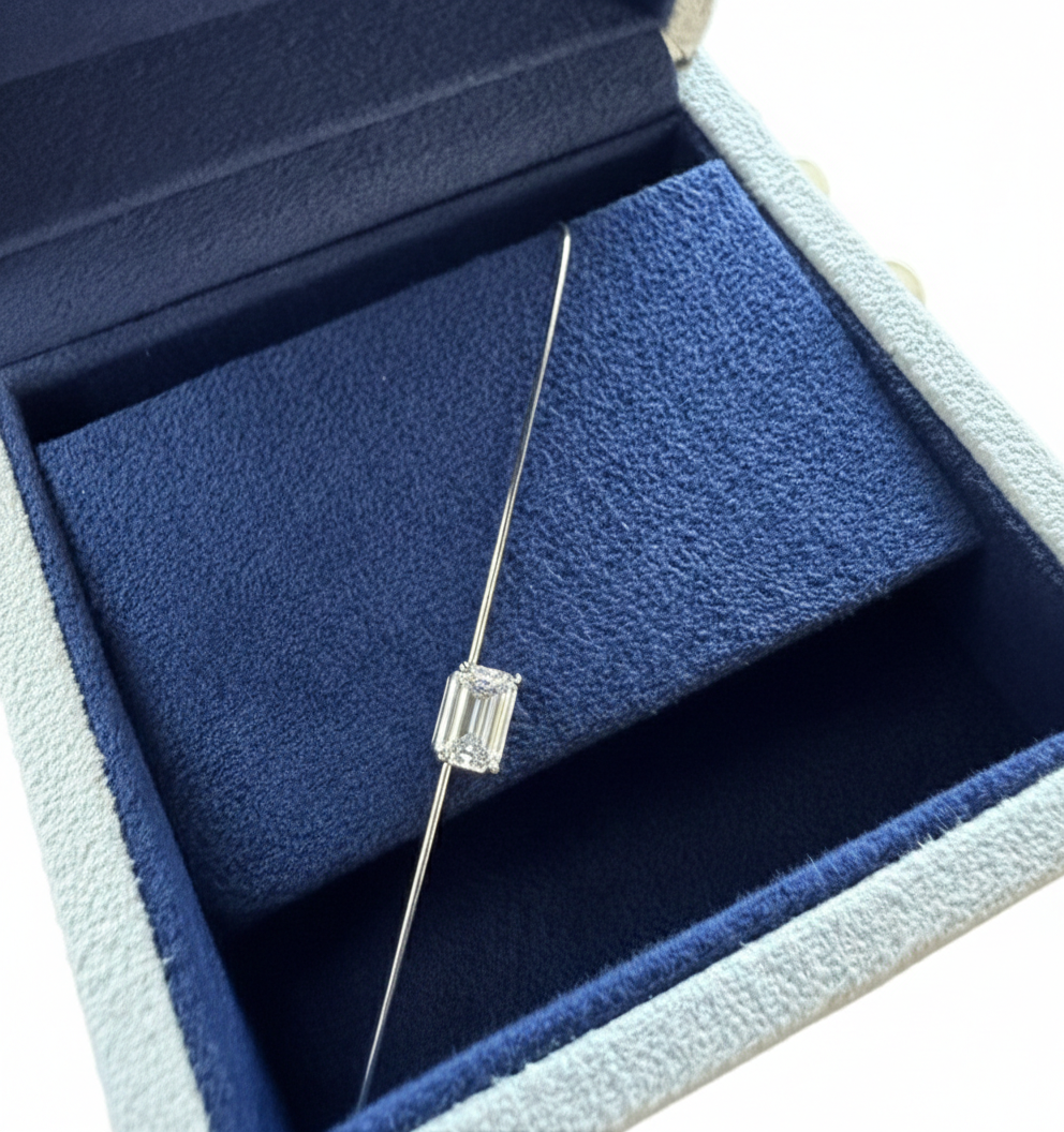 Platinum emerald-cut diamond hook ear cuff — M Grace Jewelry