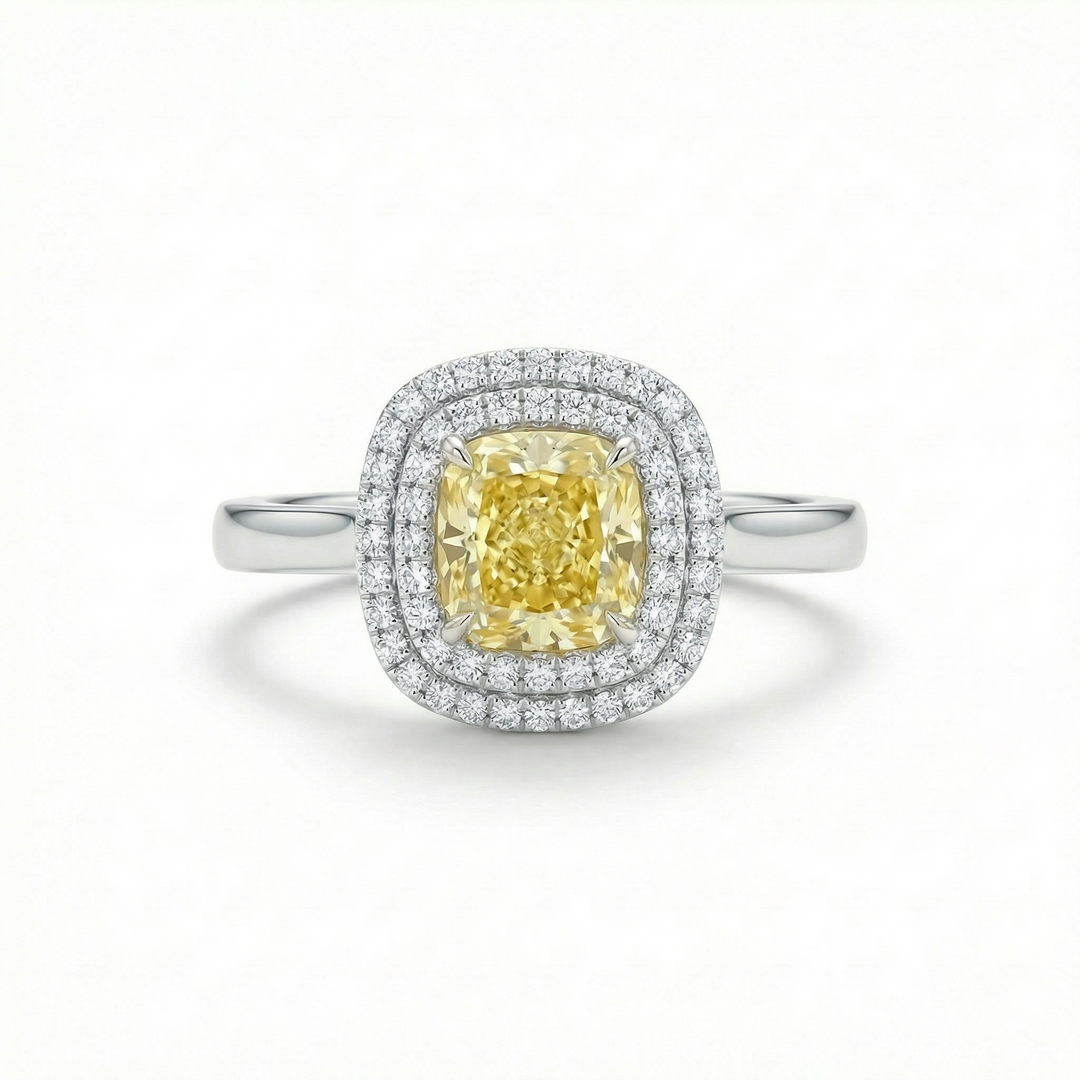 Fancy Intense Yellow cushion diamond double halo ring — M Grace Jewelry