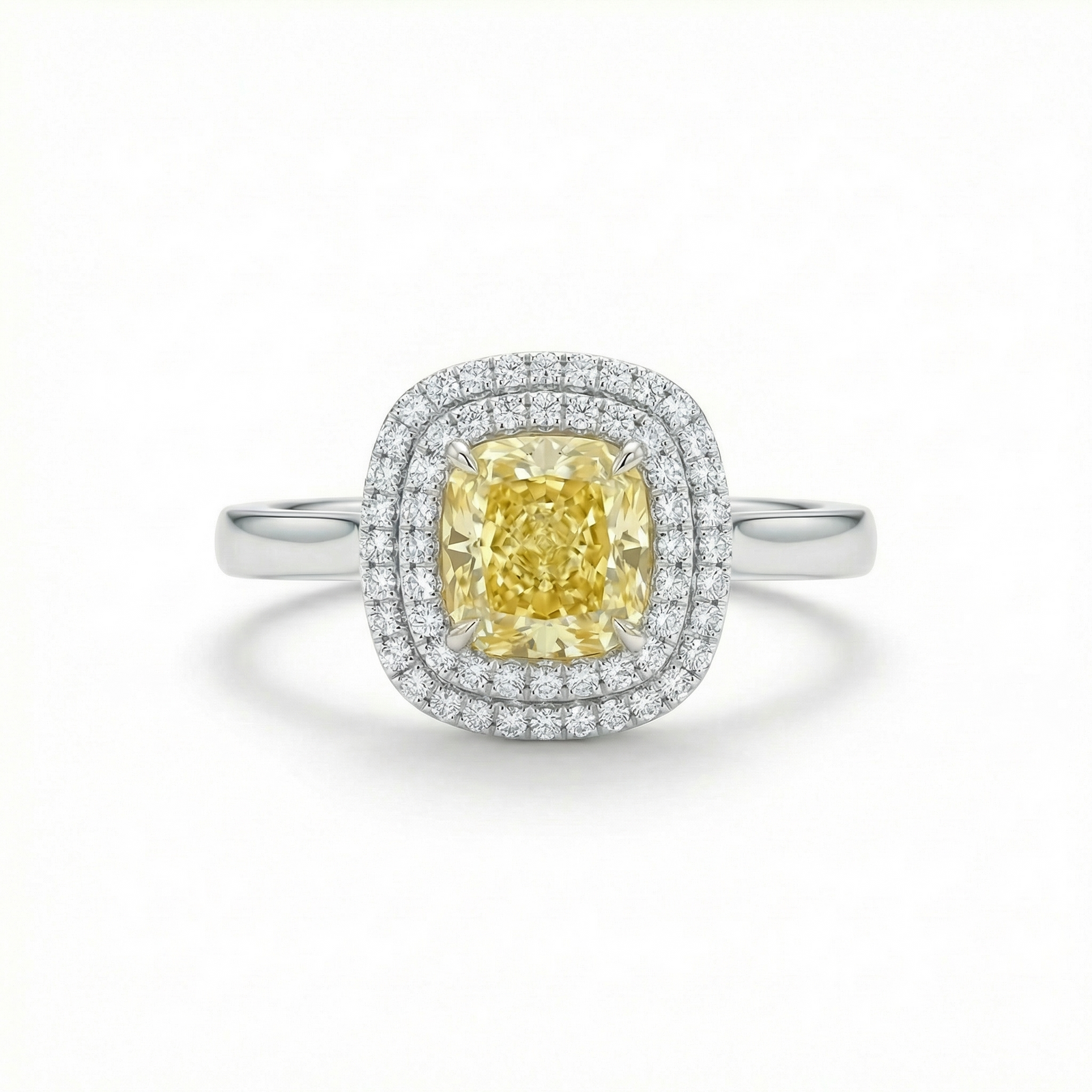 Fancy Intense Yellow cushion diamond double halo ring — M Grace Jewelry