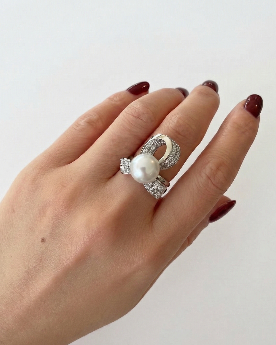 10mm South Sea pearl diamond ribbon ring in platinum, M Grace Jewelry