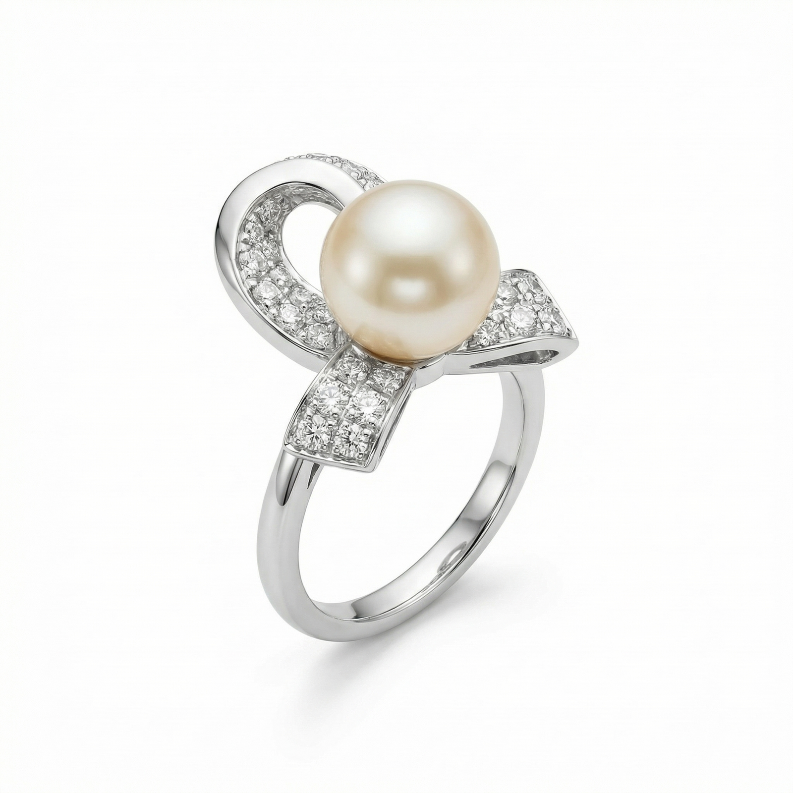 10mm South Sea pearl diamond ribbon ring in platinum, M Grace Jewelry