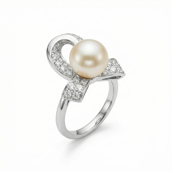 10mm South Sea pearl diamond ribbon ring in platinum, M Grace Jewelry