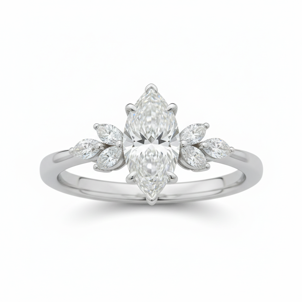 Platinum marquise-cut lab diamond cluster ring — M Grace Jewelry