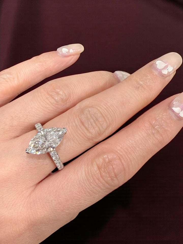 Platinum marquise lab diamond pavé band statement ring on hand — M Grace Jewelry