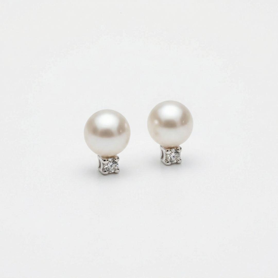 Platinum Akoya pearl and diamond stud earrings — M Grace Jewelry