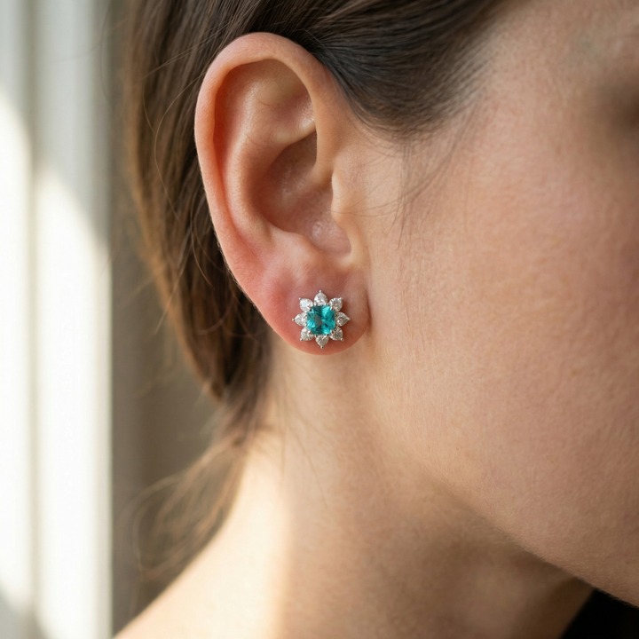 Platinum Paraiba tourmaline and heart diamond stud earrings, M Grace Jewelry