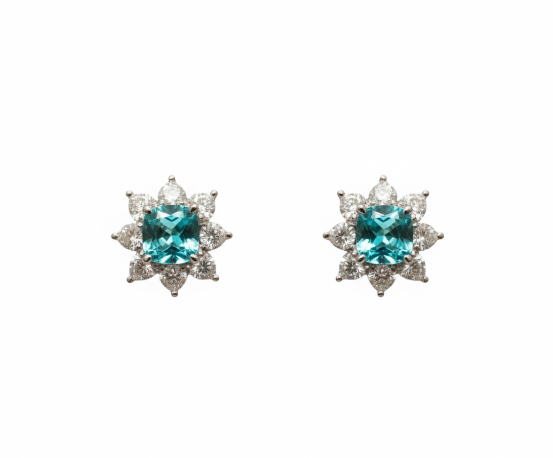 Platinum Paraiba tourmaline and heart diamond stud earrings, M Grace Jewelry