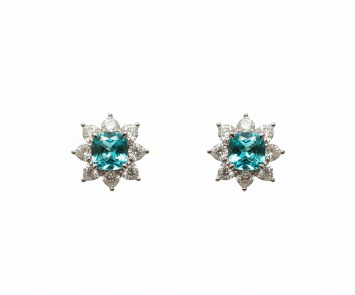 Platinum Paraiba tourmaline and heart diamond stud earrings, M Grace Jewelry