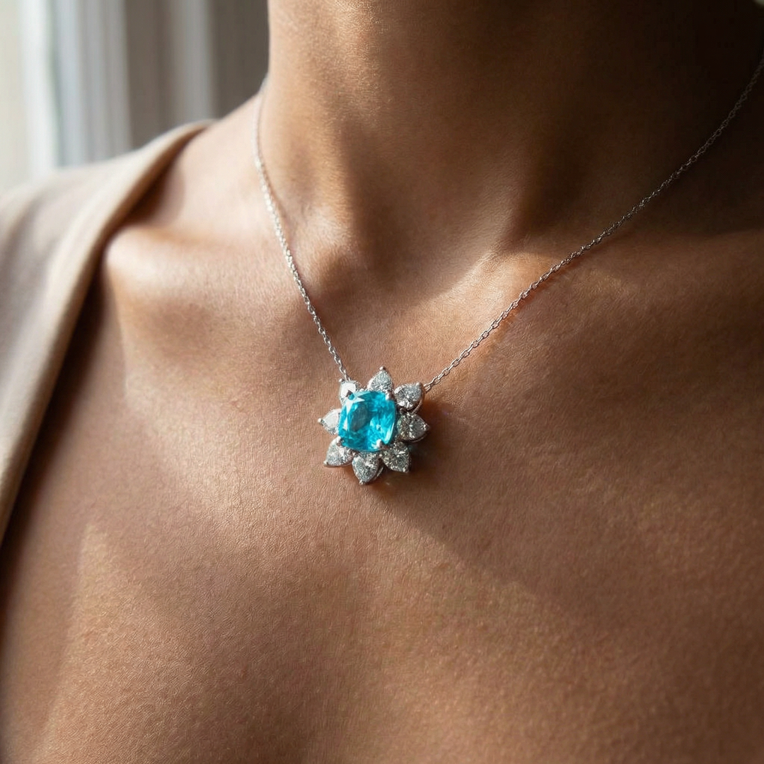 Platinum neon blue Paraiba tourmaline floral necklace — M Grace Jewelry