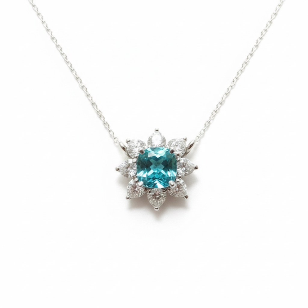 Platinum neon blue Paraiba tourmaline floral necklace — M Grace Jewelry