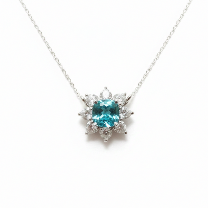 Platinum neon blue Paraiba tourmaline floral necklace — M Grace Jewelry