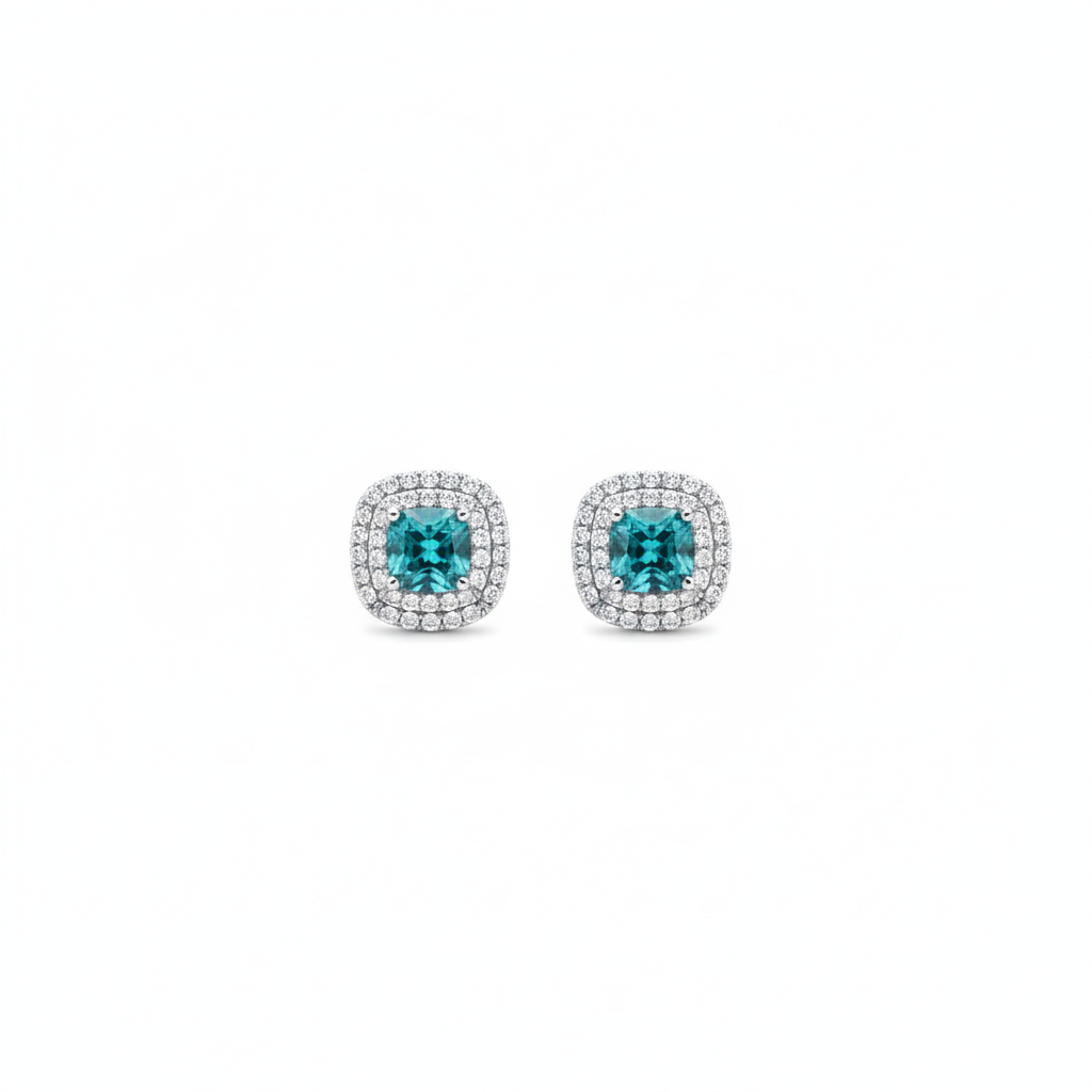 Platinum cushion Paraiba tourmaline double halo stud earrings — M Grace Jewelry