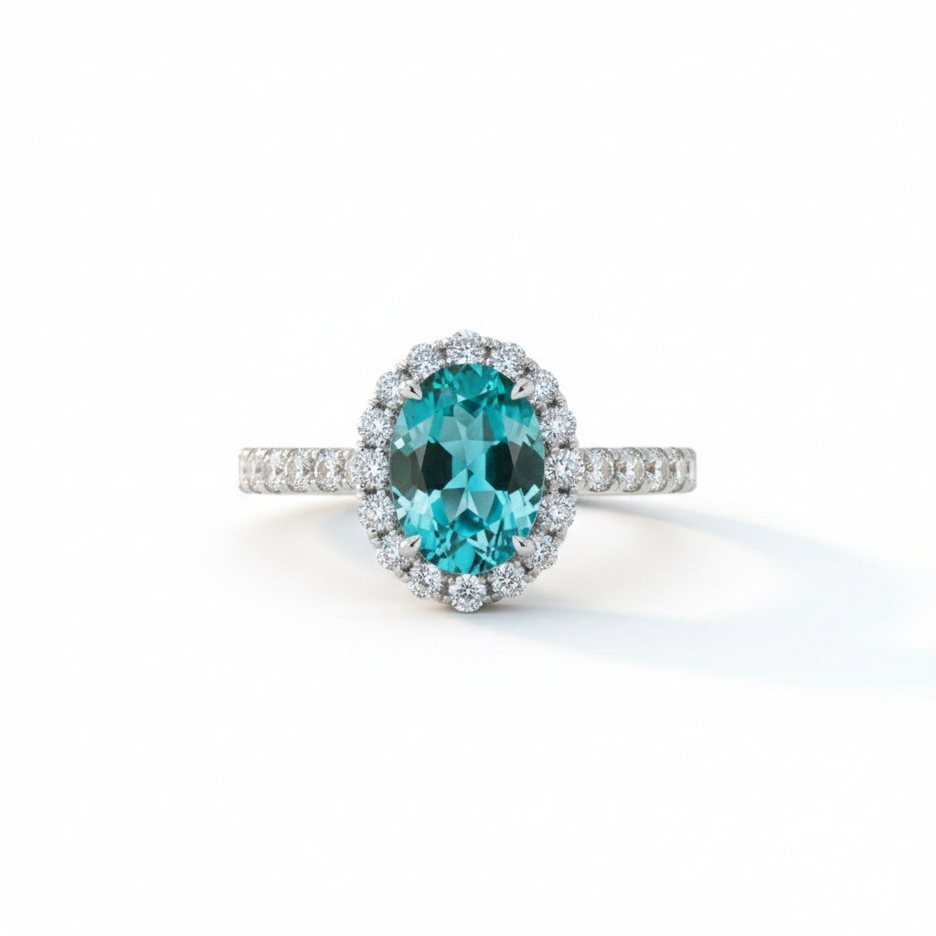 Platinum neon blue Paraiba tourmaline oval halo ring — M Grace Jewelry