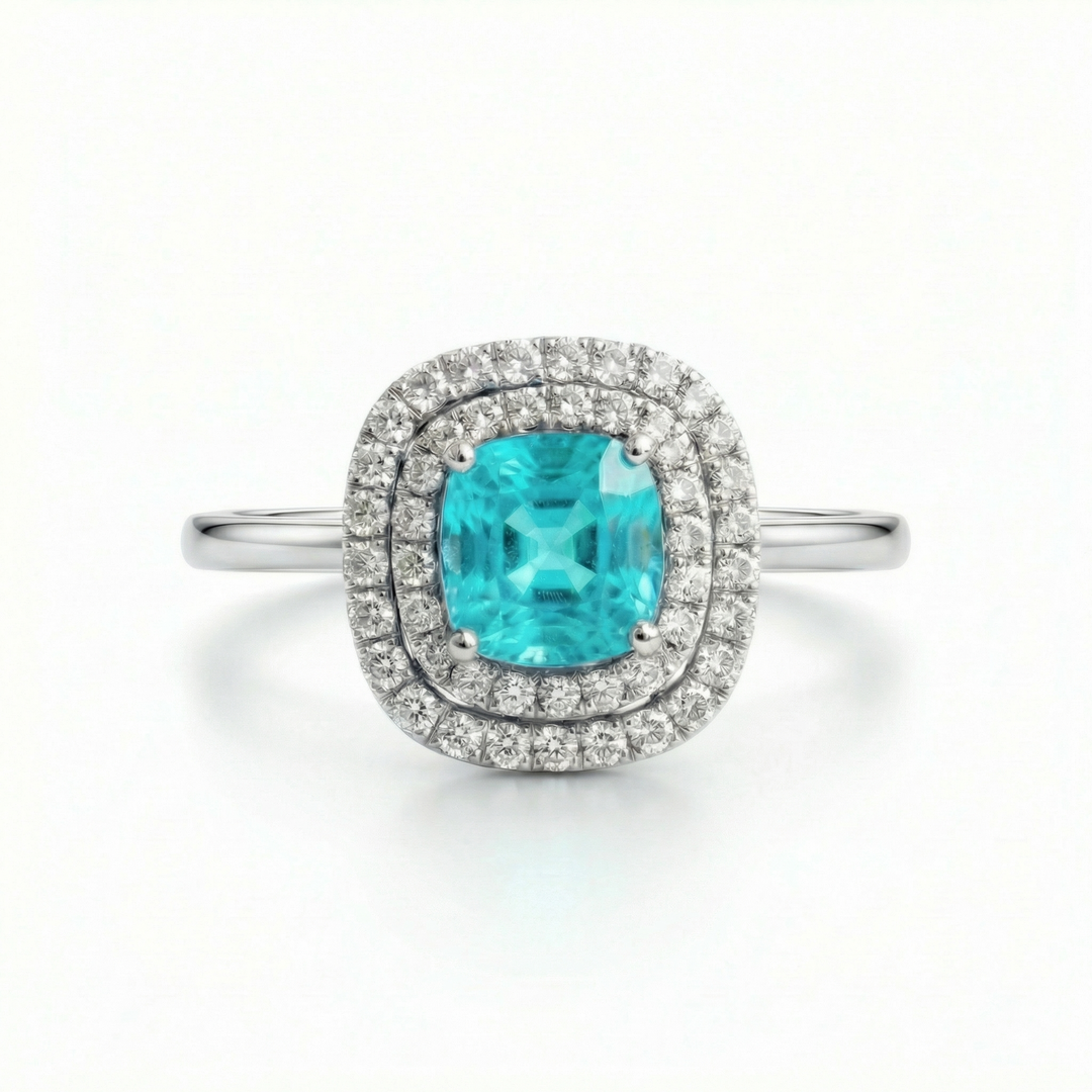 Platinum neon blue Paraiba tourmaline double halo ring — M Grace Jewelry