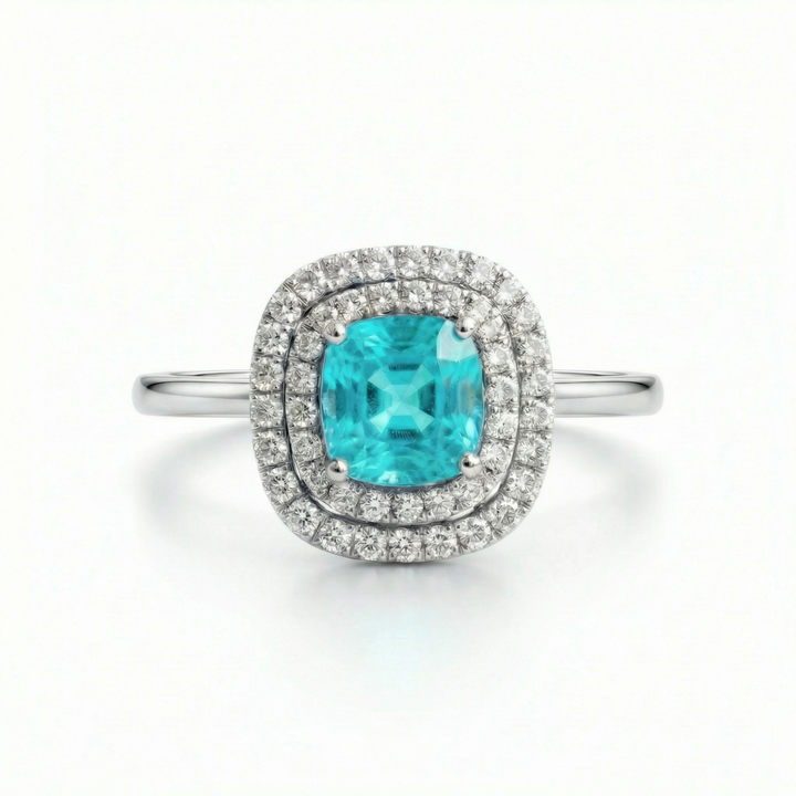 Platinum neon blue Paraiba tourmaline double halo ring — M Grace Jewelry