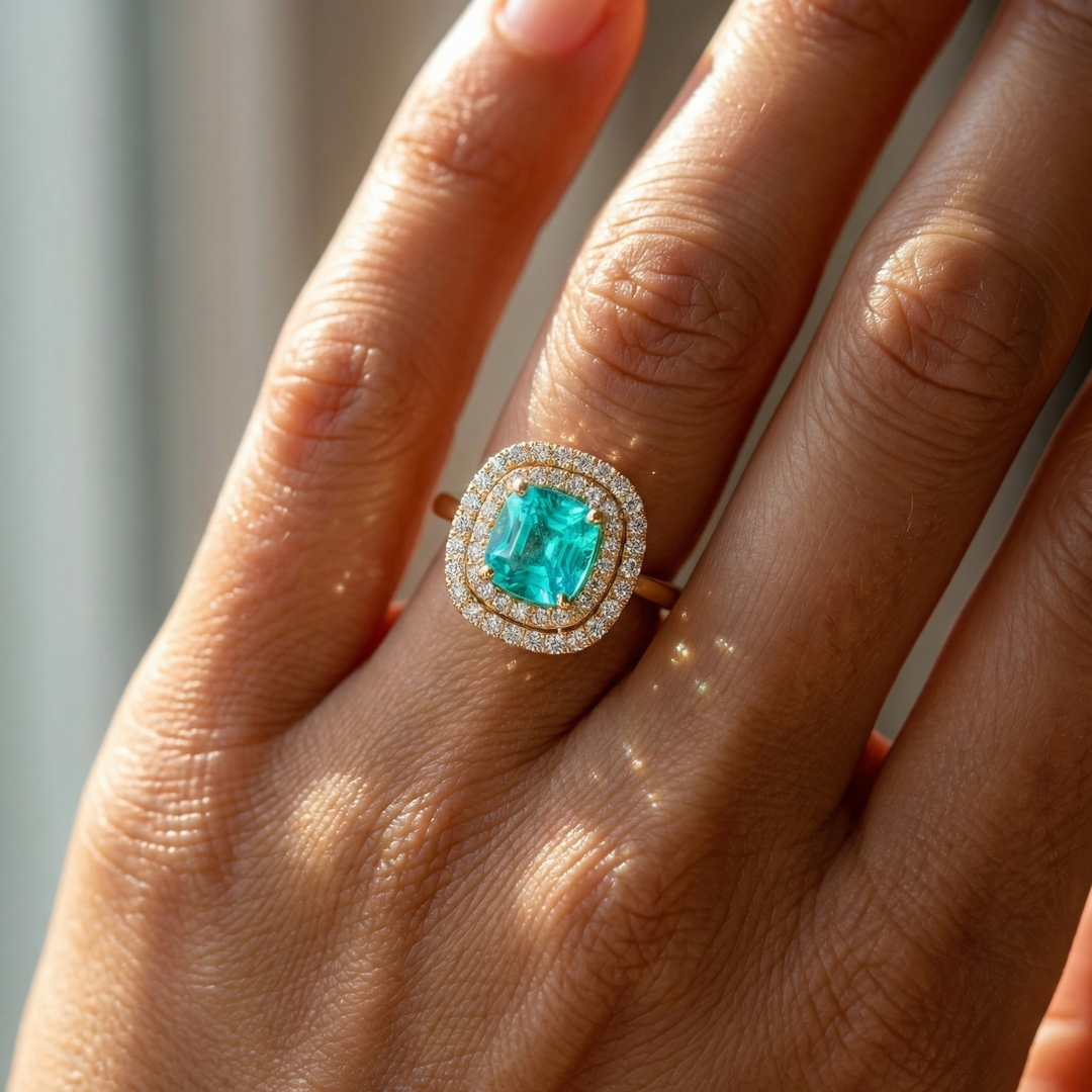 Yellow gold neon blue Paraiba tourmaline double halo ring — M Grace Jewelry