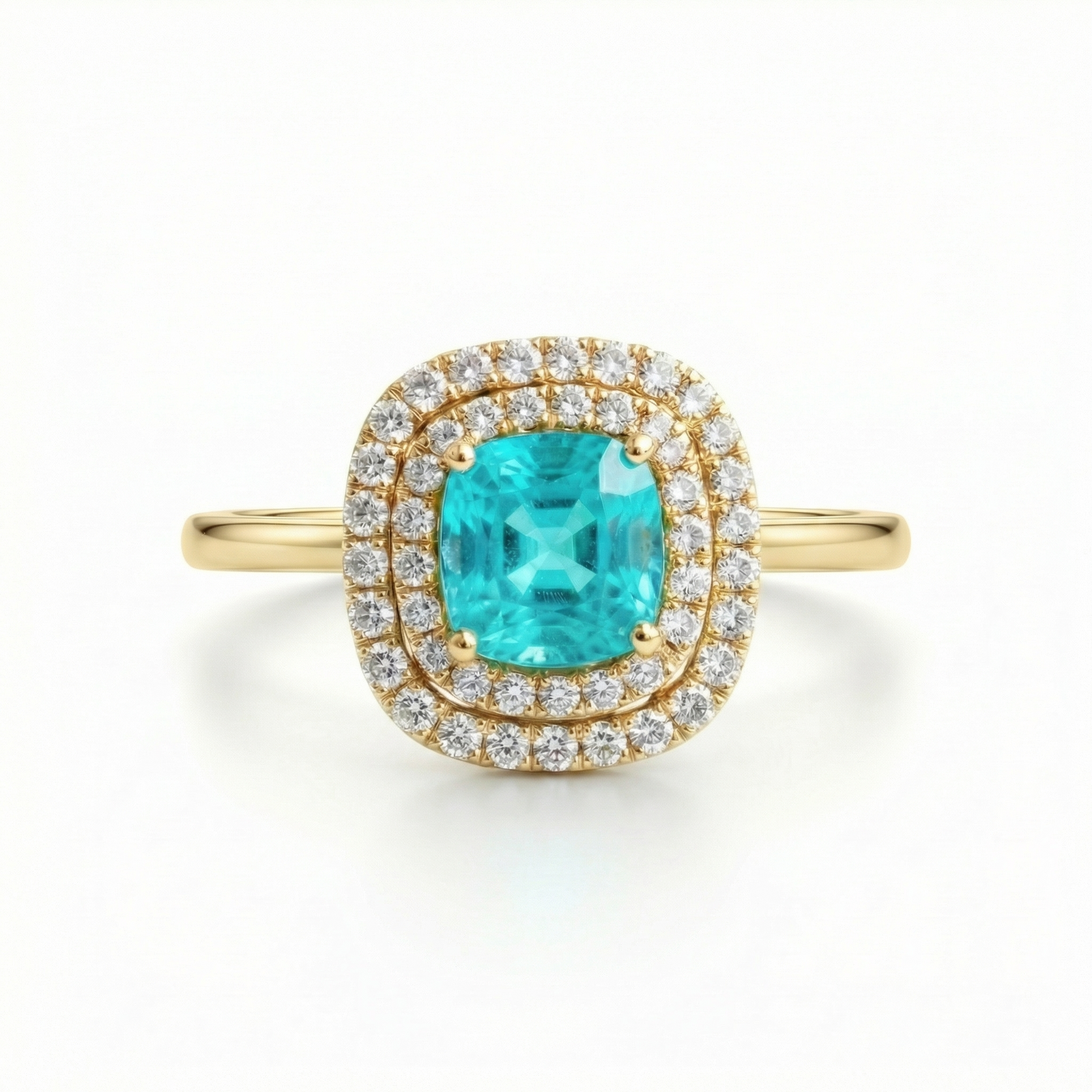 Yellow Gold neon blue Paraiba tourmaline double halo ring — M Grace Jewelry