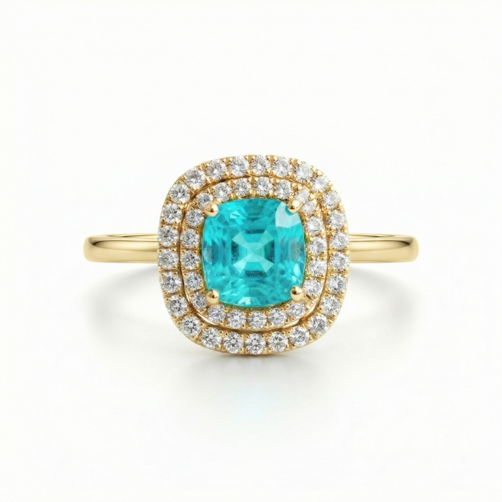 Yellow Gold neon blue Paraiba tourmaline double halo ring — M Grace Jewelry