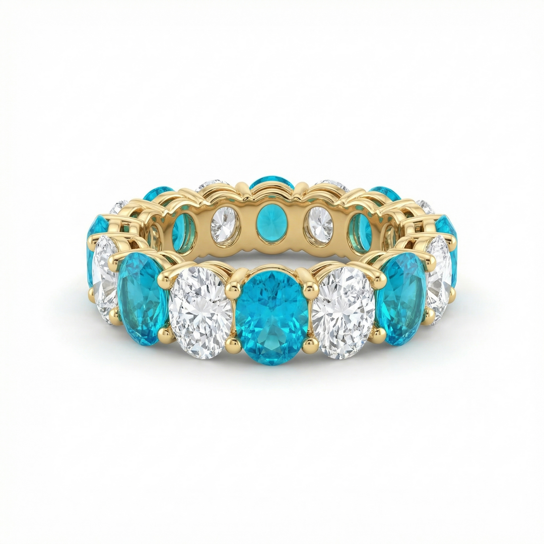 Lab-grown Paraiba tourmaline and diamond full eternity ring by M Grace Jewelry