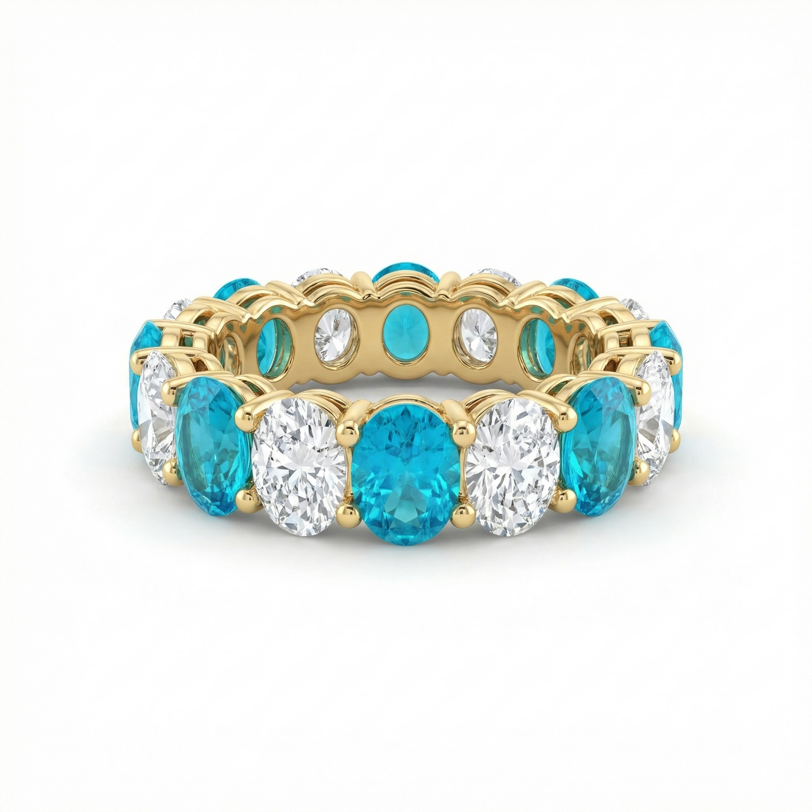 Lab-grown Paraiba tourmaline and diamond full eternity ring by M Grace Jewelry