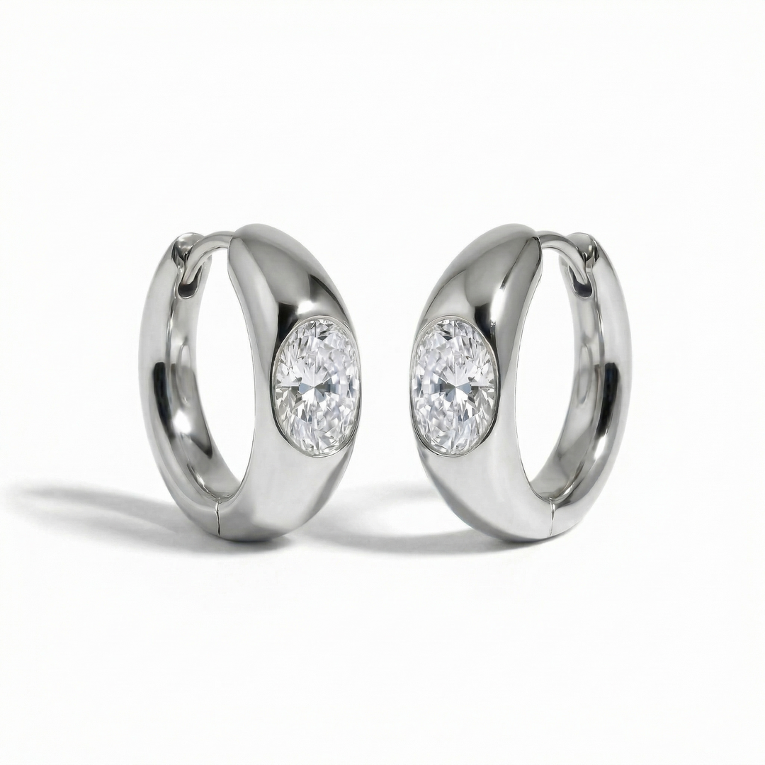 Platinum oval diamond hoop earrings, lab-grown stones — M Grace Jewelry