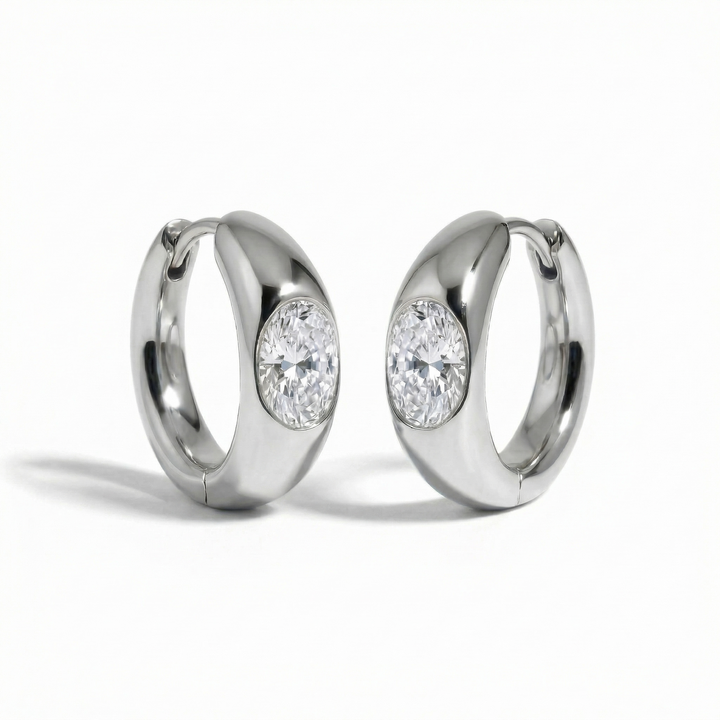 Platinum oval diamond hoop earrings, lab-grown stones — M Grace Jewelry