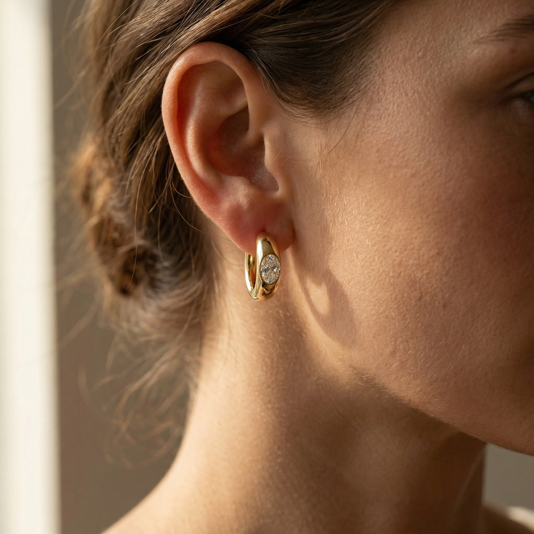 Yellow gold oval diamond hoop earrings, lab-grown stones — M Grace Jewelry