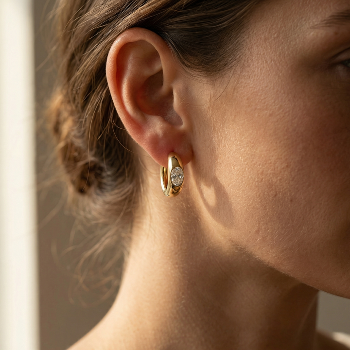 Yellow gold oval diamond hoop earrings, lab-grown stones — M Grace Jewelry