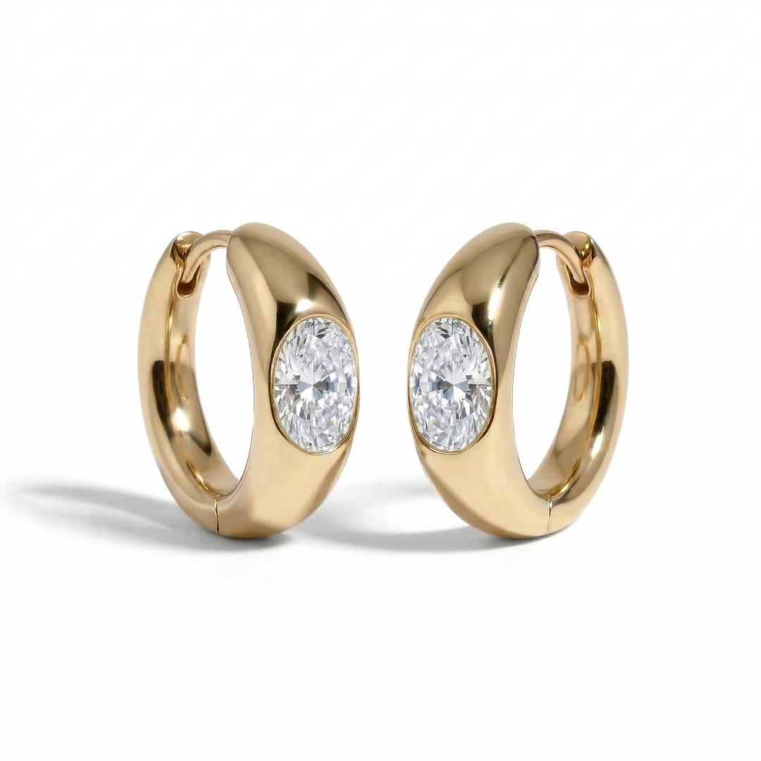 Yellow gold oval diamond hoop earrings, lab-grown stones — M Grace Jewelry
