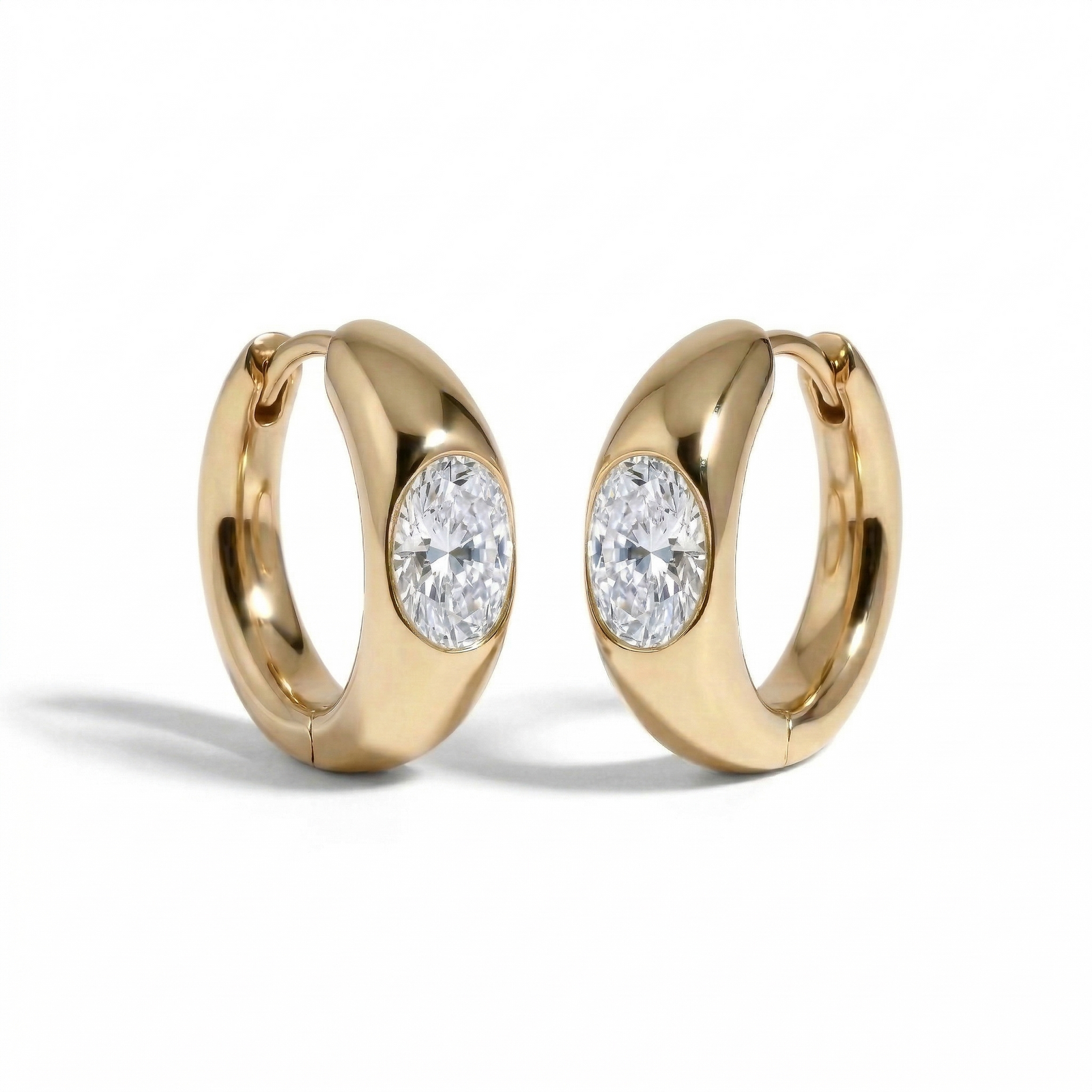 Yellow gold oval diamond hoop earrings, lab-grown stones — M Grace Jewelry