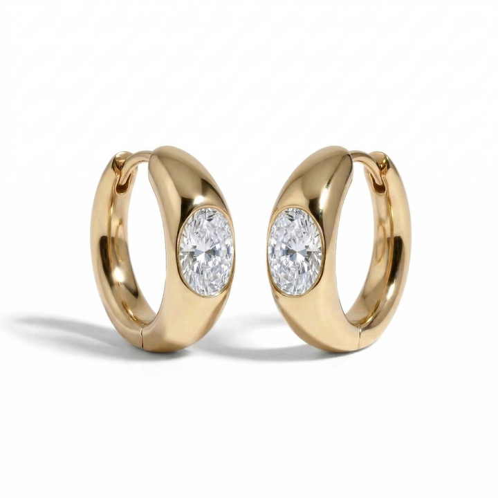 Yellow gold oval diamond hoop earrings, lab-grown stones — M Grace Jewelry