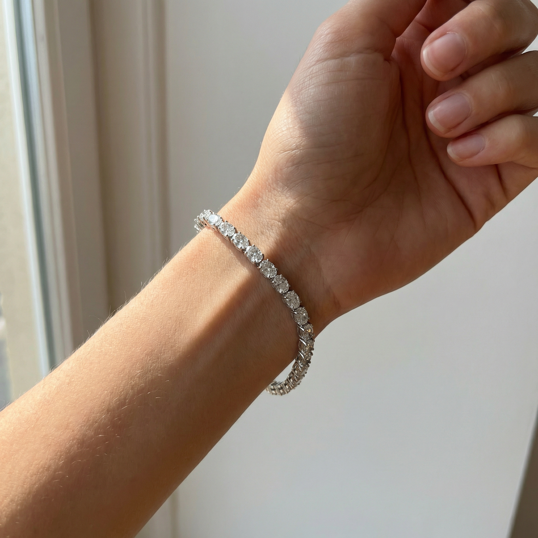 Oval cut lab-grown diamond tennis bracelet in platinum — M Grace Jewelry