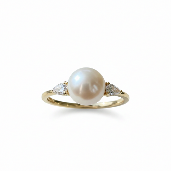 Akoya pearl and pear diamond ring in 18K gold — M Grace Jewelry
