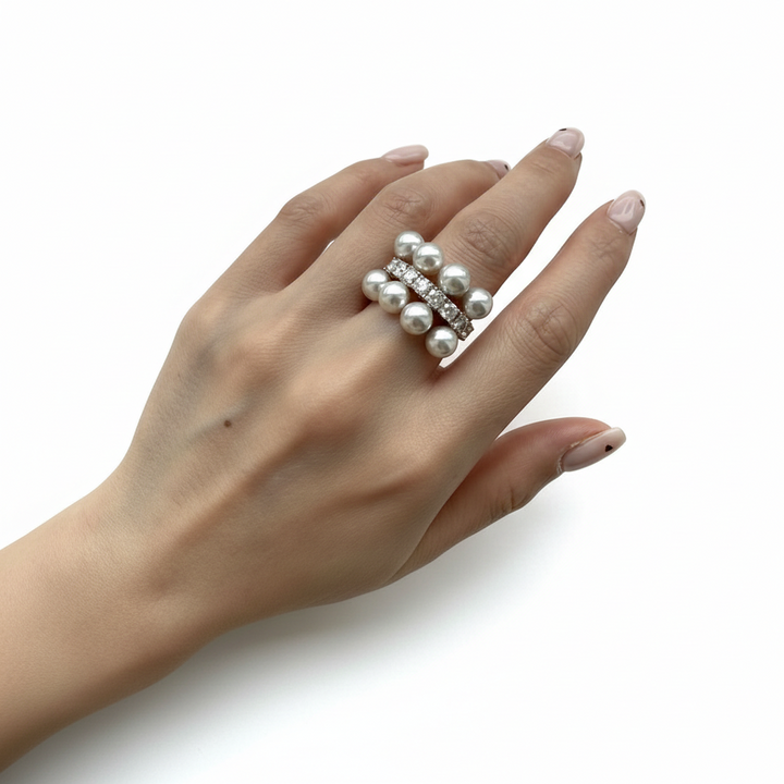 Eight Akoya pearl and diamond platinum ring by M Grace Jewelry