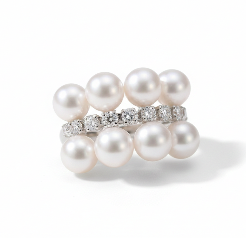Eight Akoya pearl and diamond platinum ring by M Grace Jewelry