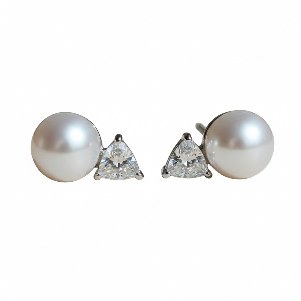 Platinum pearl and trillion-cut diamond stud earrings — M Grace Jewelry