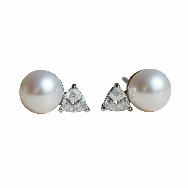 Platinum pearl and trillion-cut diamond stud earrings — M Grace Jewelry
