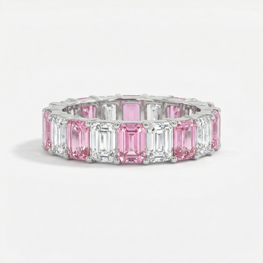 Petal pink sapphire and diamond eternity ring in platinum — M Grace Jewelry
