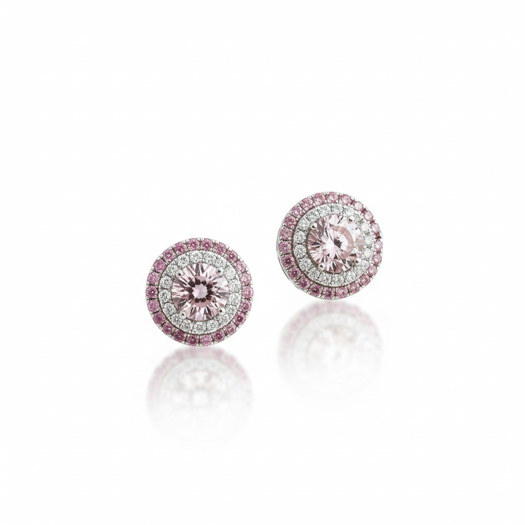 Platinum double-halo Fancy Pink diamond stud earrings by M Grace Jewelry