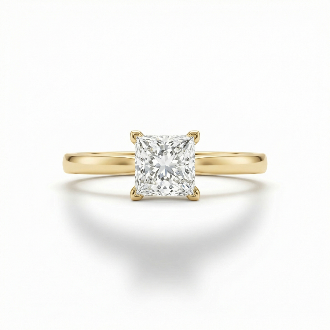 Yellow Gold princess-cut lab diamond solitaire ring by M Grace Jewelry