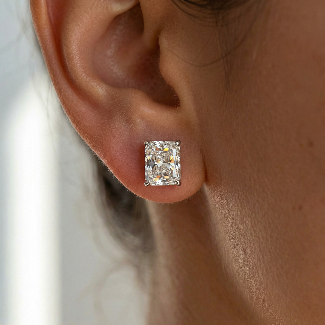 Platinum radiant-cut lab-grown diamond stud earrings by M Grace Jewelry