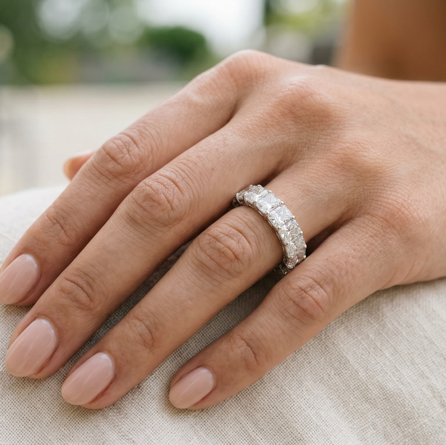 Platinum radiant-cut full eternity ring, lab-grown diamonds, M Grace Jewelry