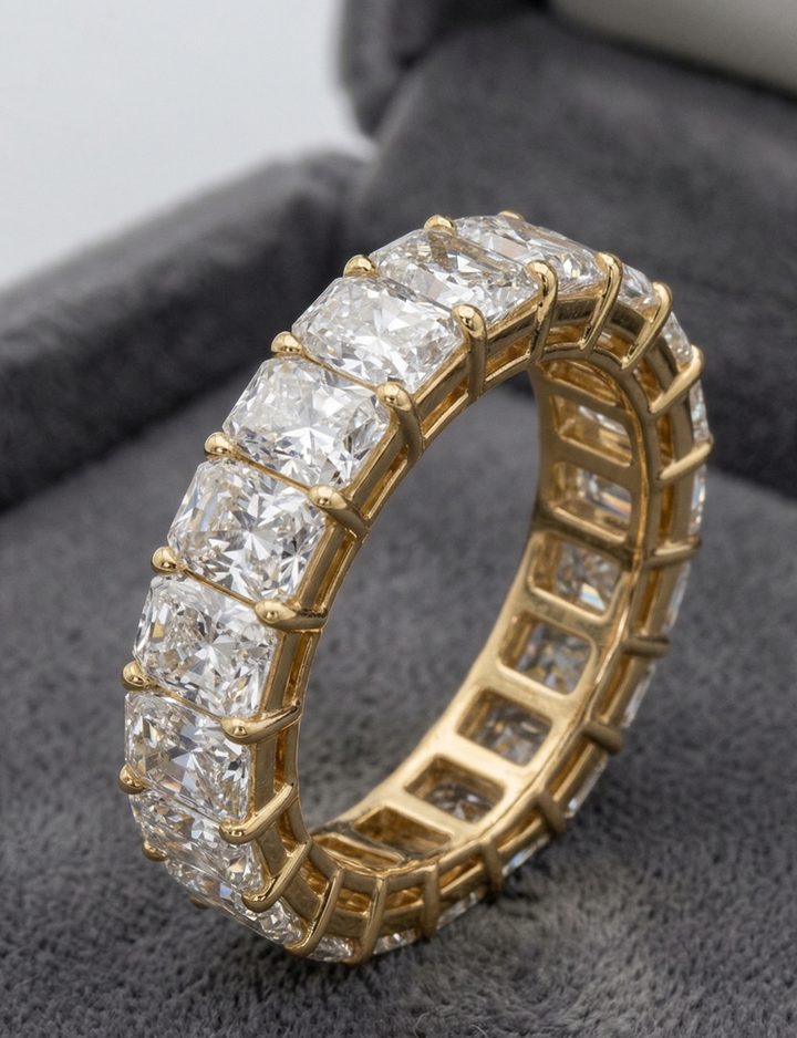 Yellow gold radiant-cut full eternity ring, lab-grown diamonds, M Grace Jewelry