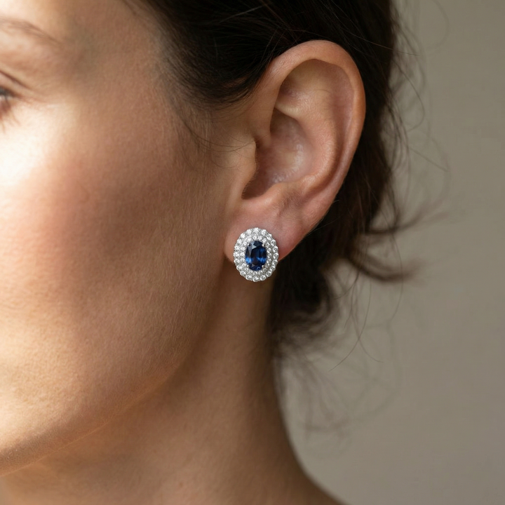 Platinum double halo oval sapphire earrings — M Grace Jewelry