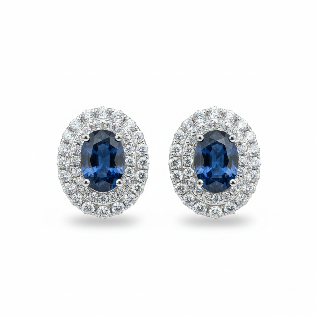 Platinum double halo oval sapphire earrings — M Grace Jewelry