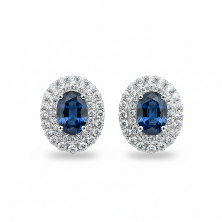 Platinum double halo oval sapphire earrings — M Grace Jewelry
