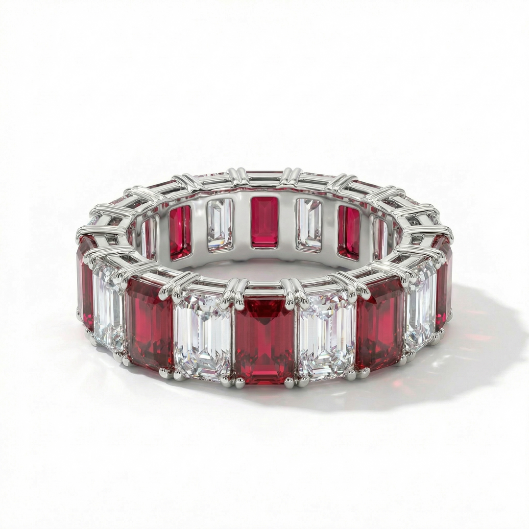 Platinum emerald-cut ruby and diamond eternity ring — M Grace Jewelry