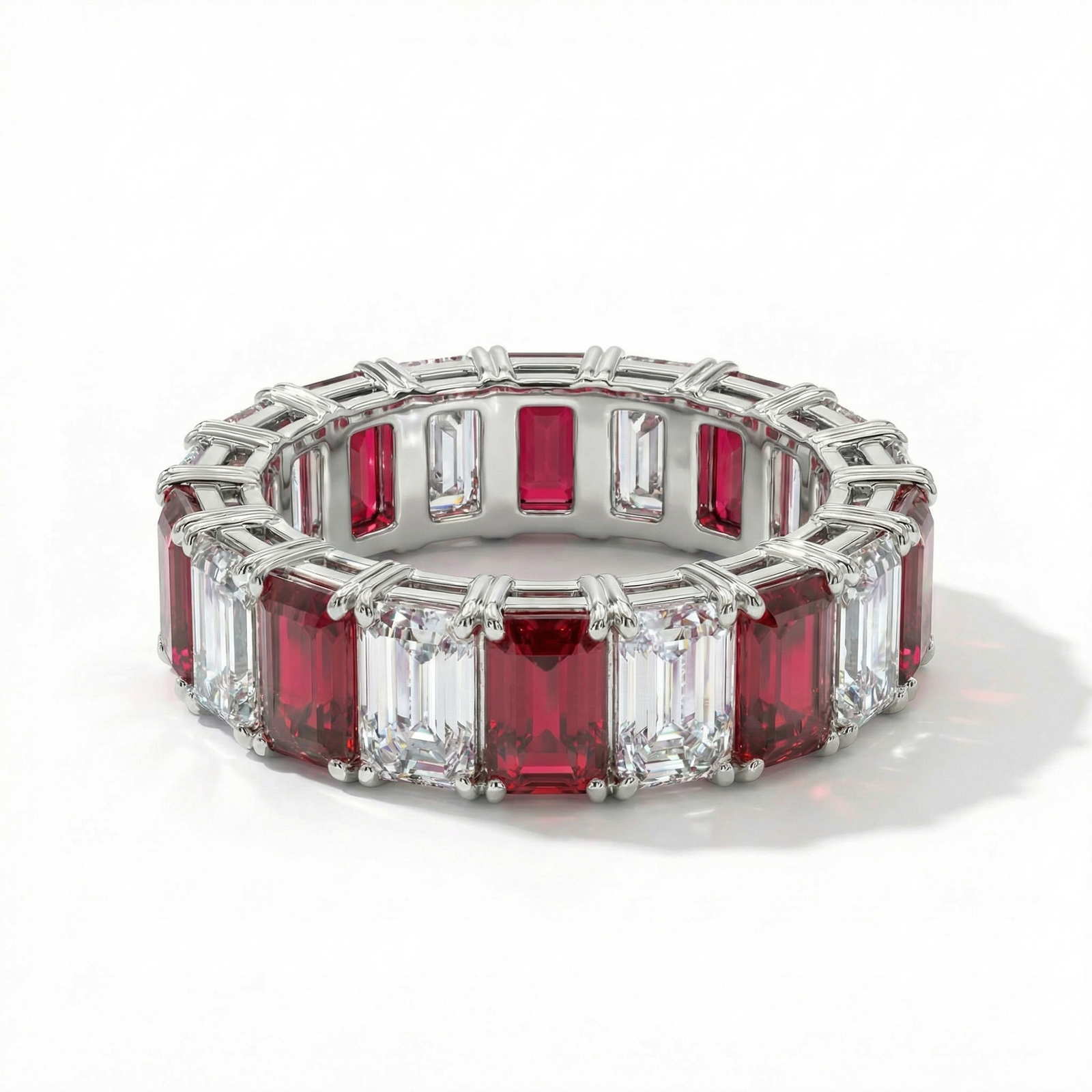 Platinum emerald-cut ruby and diamond eternity ring — M Grace Jewelry
